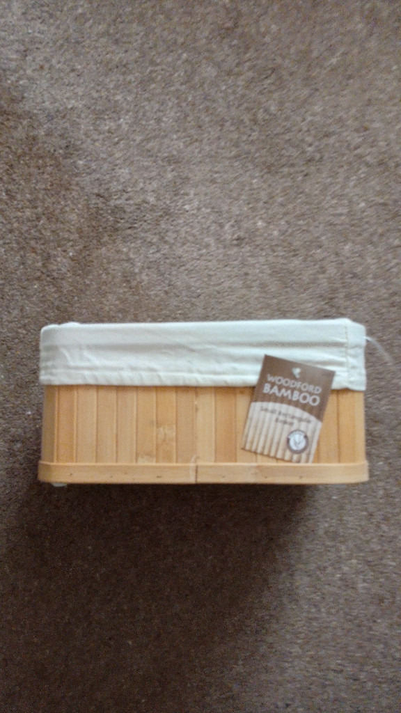 DUNELM BAMBOO SMALL STORAGE BOX WITH LINEN LINER. New, unused, still tagged.