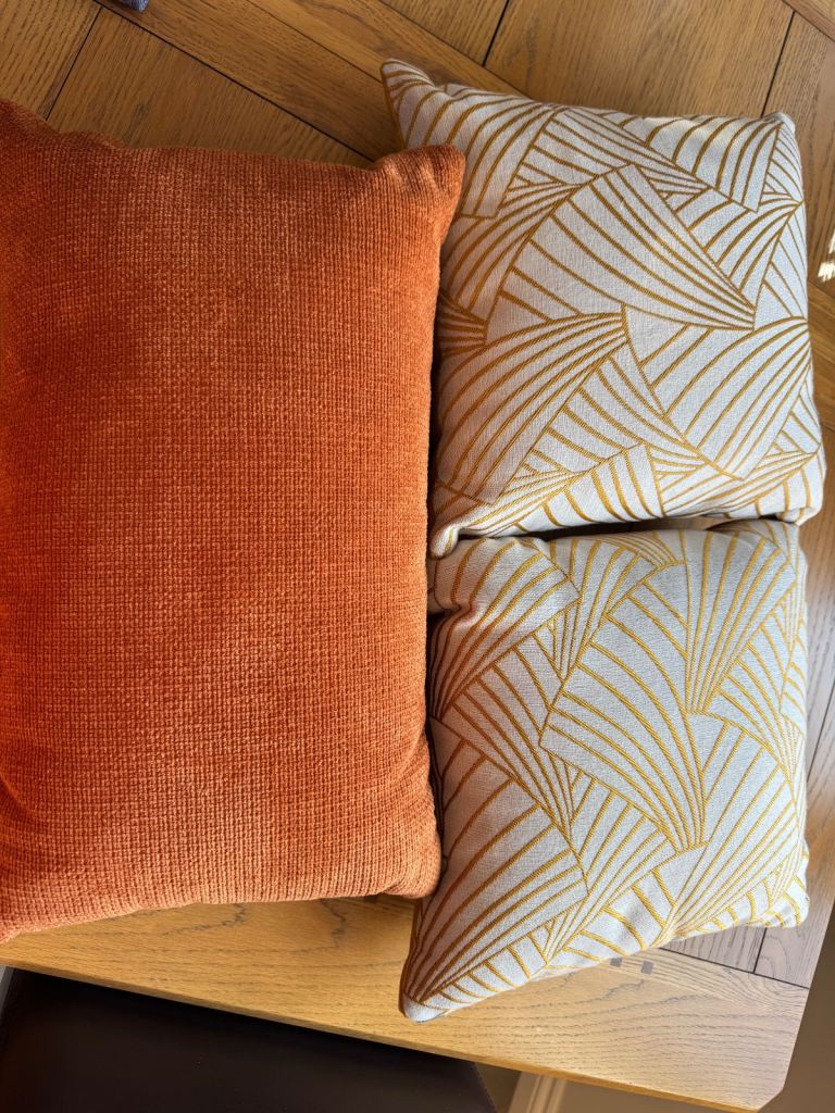 Two Mustard Small Cushions & One Burt Orange long cushion
