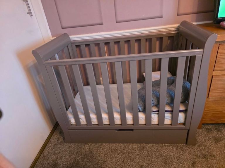 Grey Baby Cot Bed with Storage Drawer – Good Condition