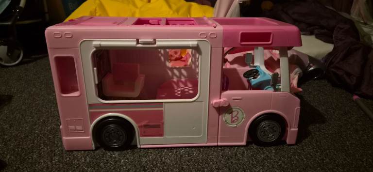 Barbie Camper Van, Car, and Dolls Set – Good Condition
