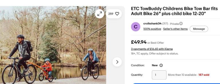 Childrens Bike Tow Bar fits Adult Bike