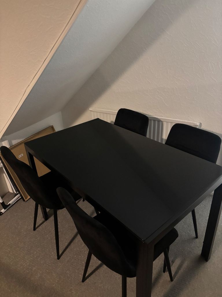 Black Glass Dining Table With - 4 Black Velvet Chairs