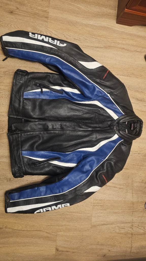 ARMA MOTO Black & Blue Leather Motorcycle Jacket – Good Condition