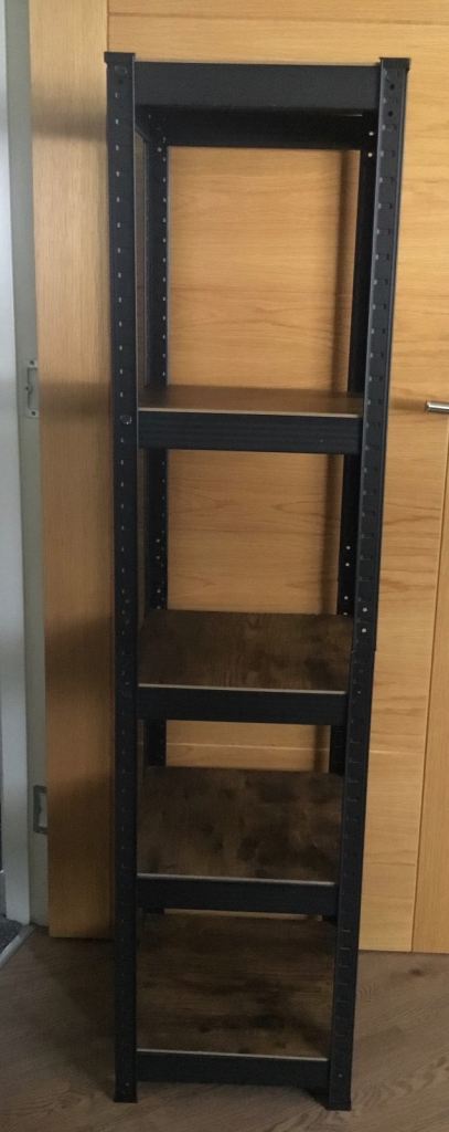 Black Metal Shelving Unit with 4 Wooden Shelves – Good Condition