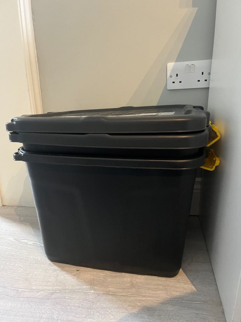 2 Large Black Storage Boxes with Yellow Clips – Excellent Condition