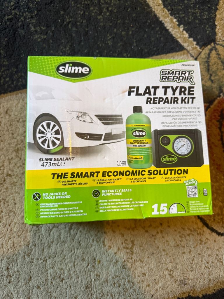 Slime Smart Emergency Flat Tyre Puncture Repair Sealant Kit & Air Compressor