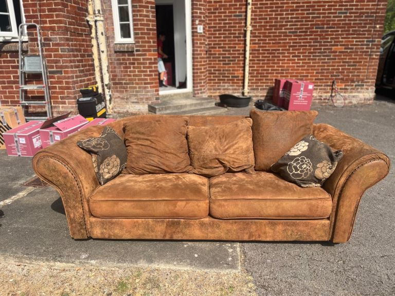 Large Vintage Style 3-Seater Sofa – Distressed Tan Suede-Effect Fabric