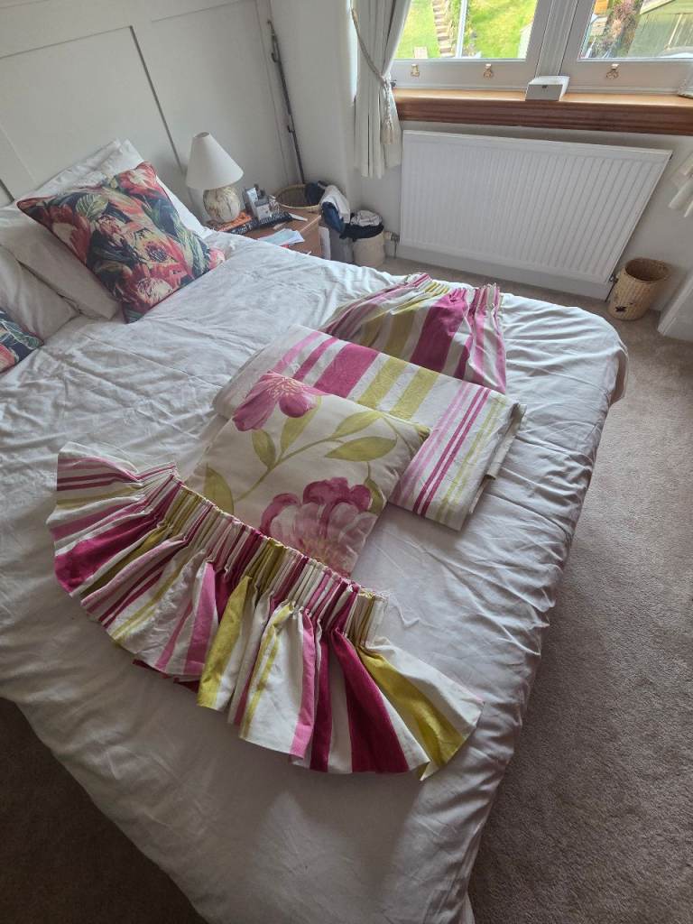 Pink and Green Curtains fully lined with valance and Cushion