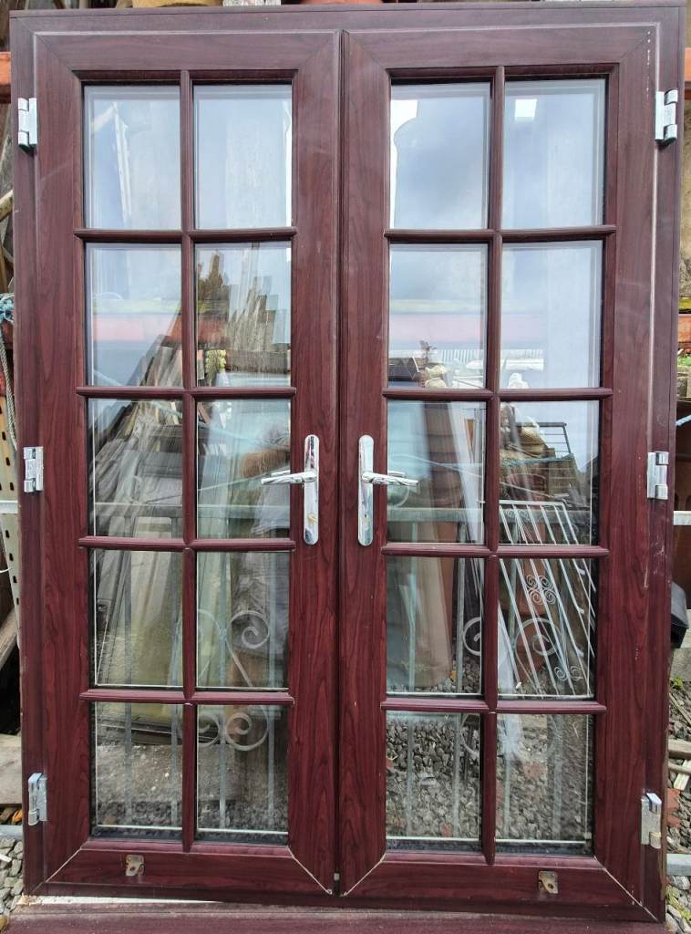 USED UPVC French Patio Door Brown On White 1440mm W x 2000mm H