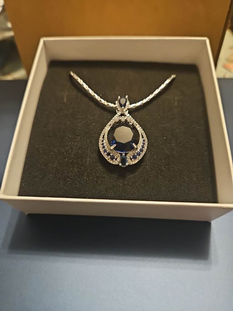 Faux Sapphire Necklace with Rhinestones Silver Tone Costume Jewellery