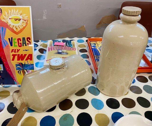 3 ANTIQUE VINTAGE CERAMIC STONE JARS, HOT WATER BOTTLE, GARDEN FEATURE DOORSTOP KITCHEN DECOR