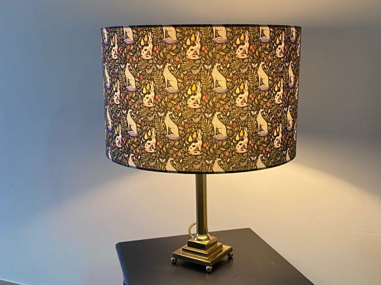 Vintage Brass Column Lamp Whippet & Rabbit Shade