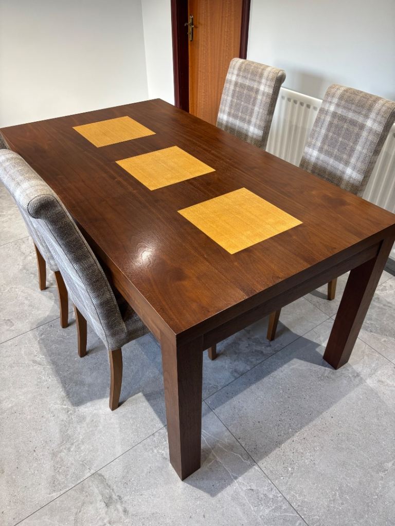 Solid Wood Dining Table with 4 Upholstered Chairs – Good Condition