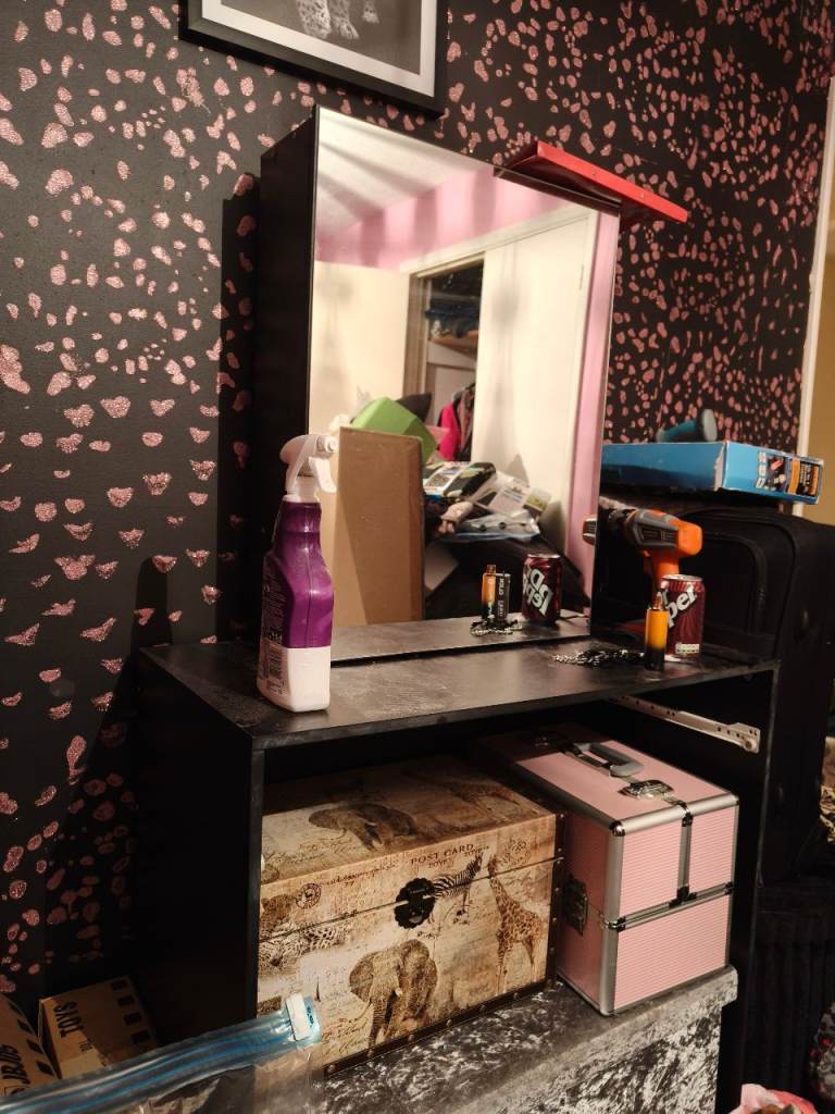 Black Dressing Table with Integrated Mirror and Storage