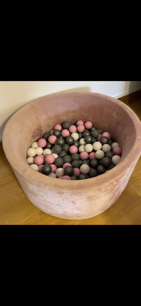 Toddler children ball pit pond pink velvet with grey, pink and white balls 
