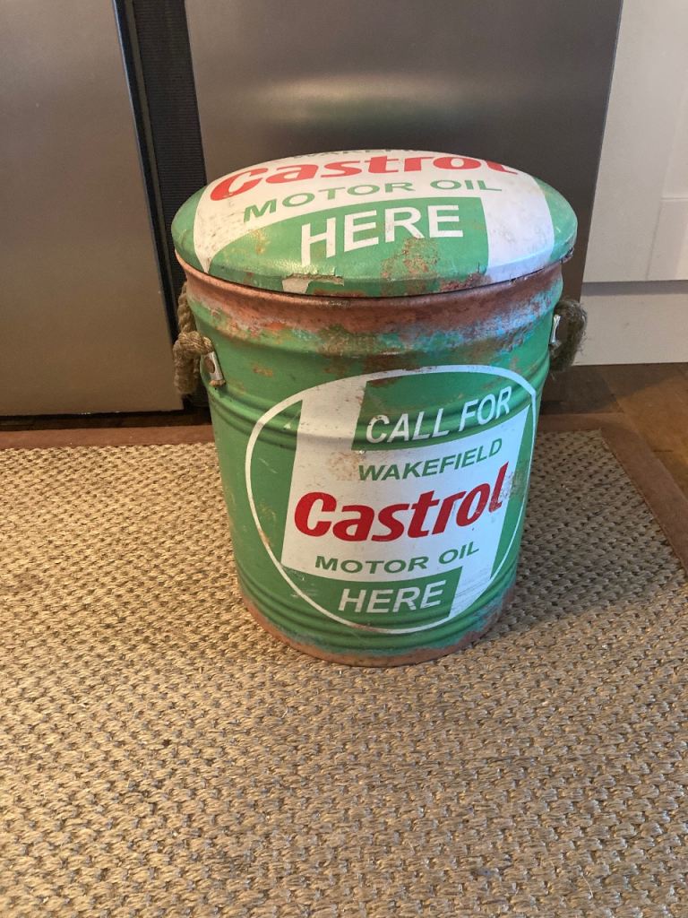 Vintage Metal Wakefield Castrol Motor Oil Storage Stool Man Cave Bar Garage Accessory.