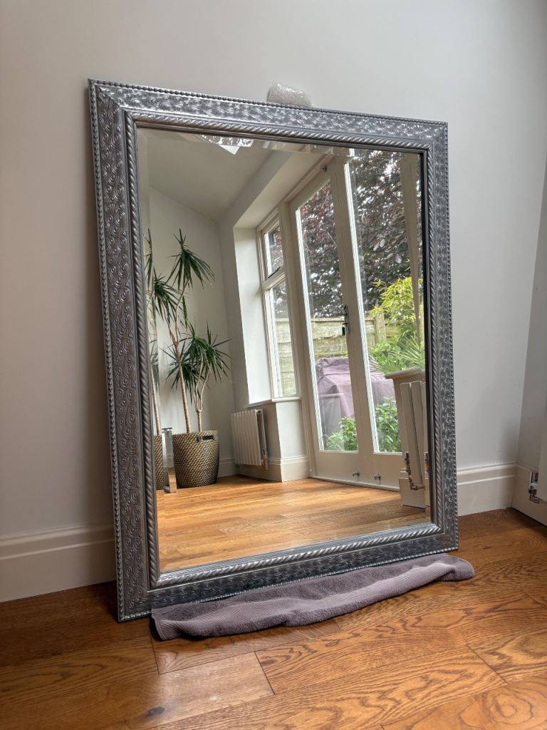 Large Silver Wooden Hanging Mirror • 37” x 47”