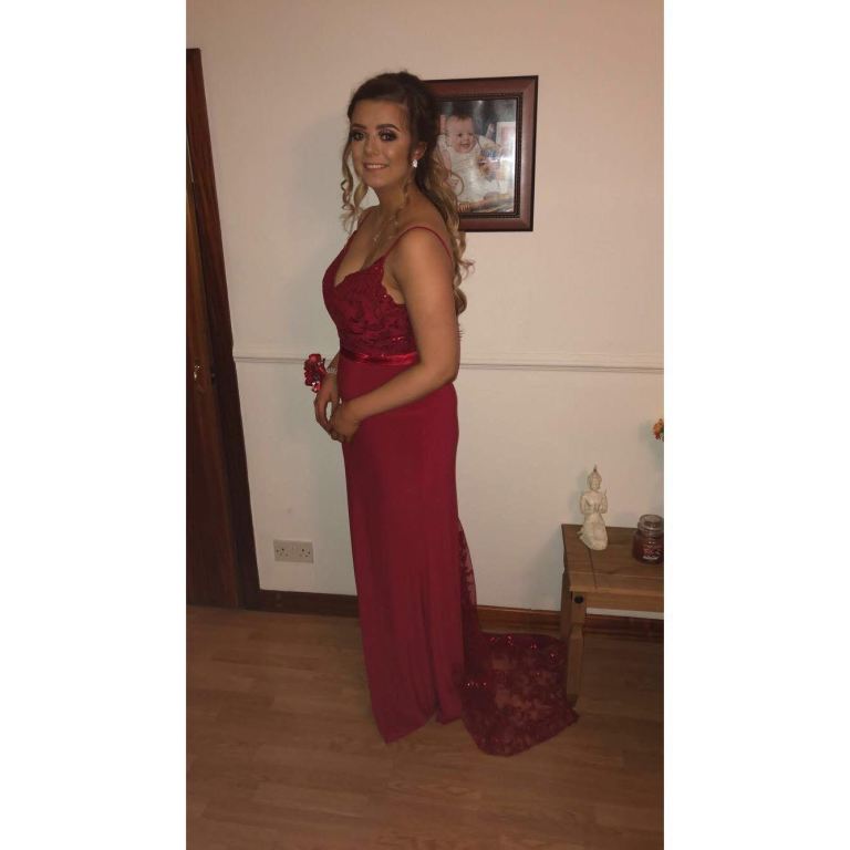 Red lace button up formal dress