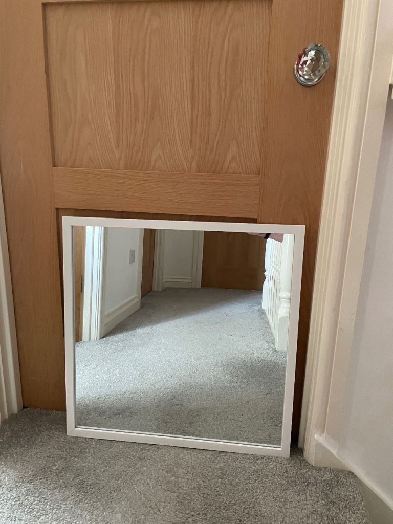 White 55 cm square wooden framed mirror 