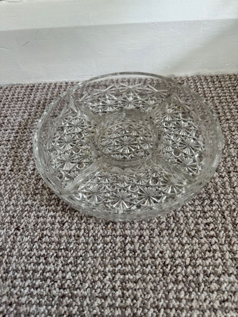 Vintage crudités buffet party cut glass platter dish 5 sections