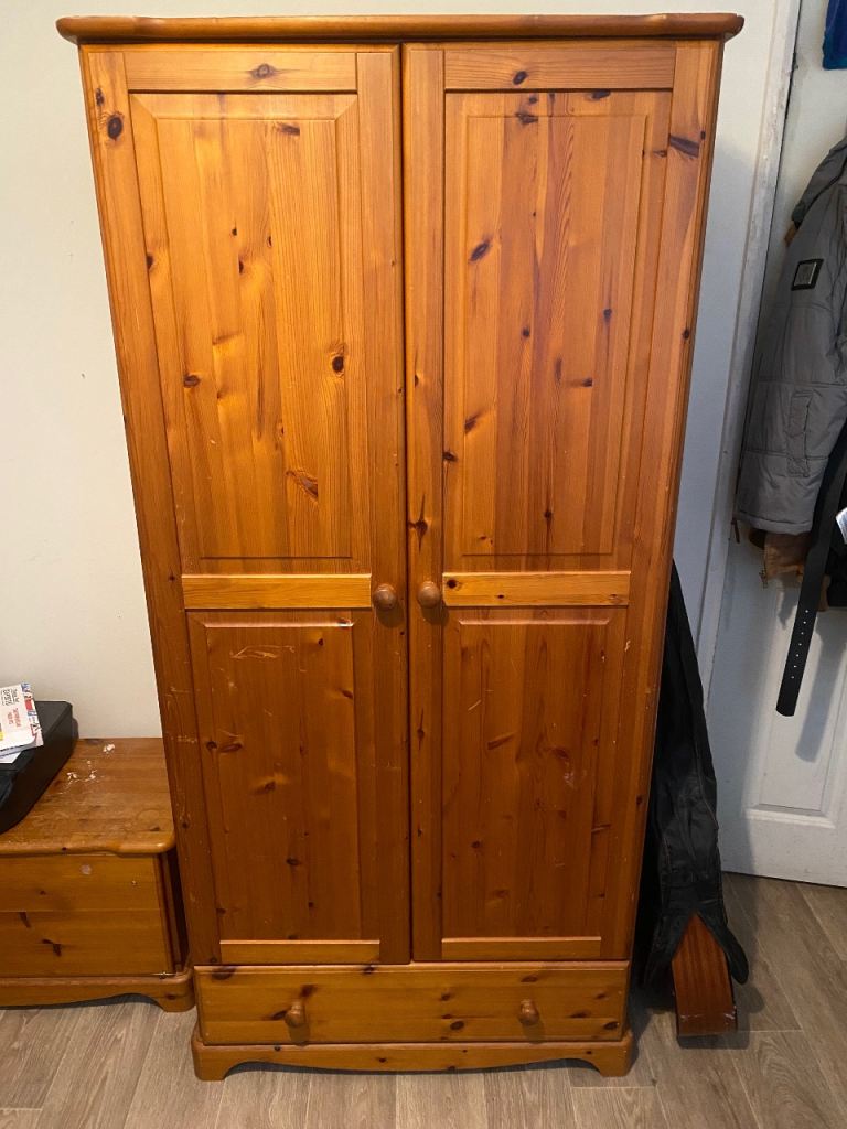 Solid Pine Wardrobe with Hanging Rail & Drawer