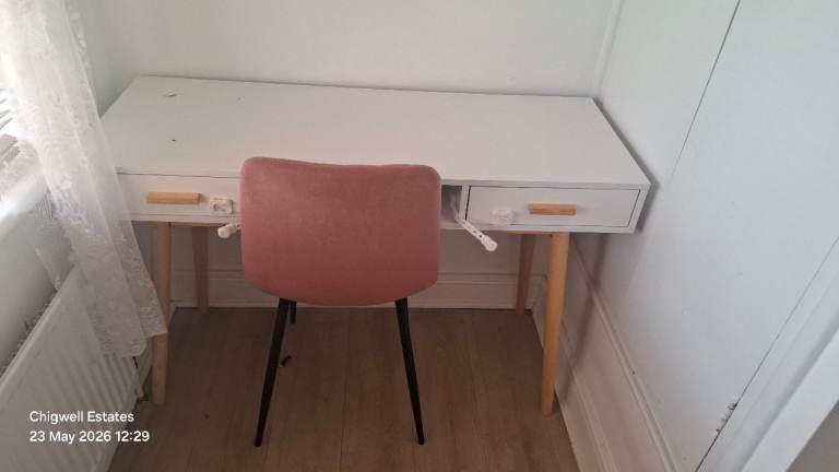 White Desk with Drawer and Pink Chair – Good Condition