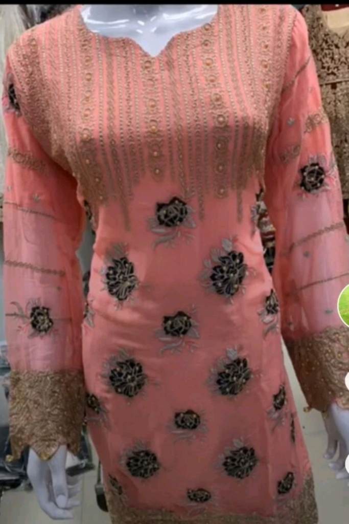 Brand new pink traditional 3 peice salwar kameez suit with black and gold embroidery on the kameez
