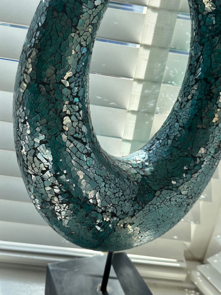 Decorative Teal Mosaic Ring Ornament on Stand – Good Condition