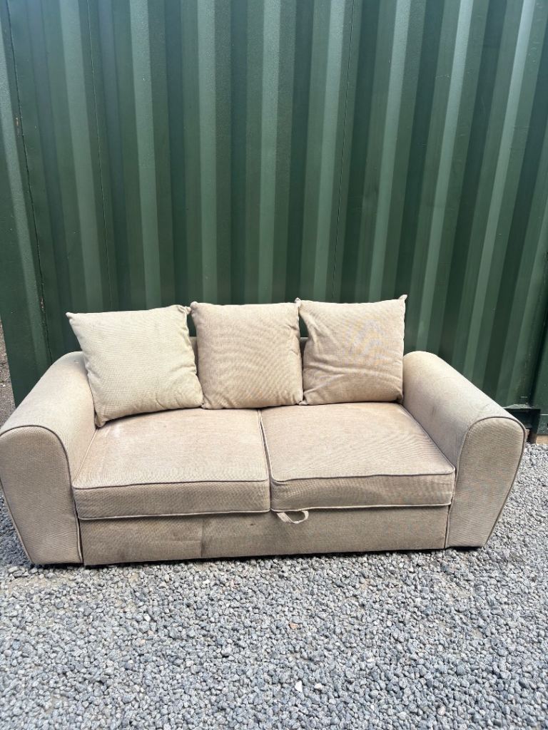 Beige 2-Seater Sofa Bed with Cushions – Good Condition