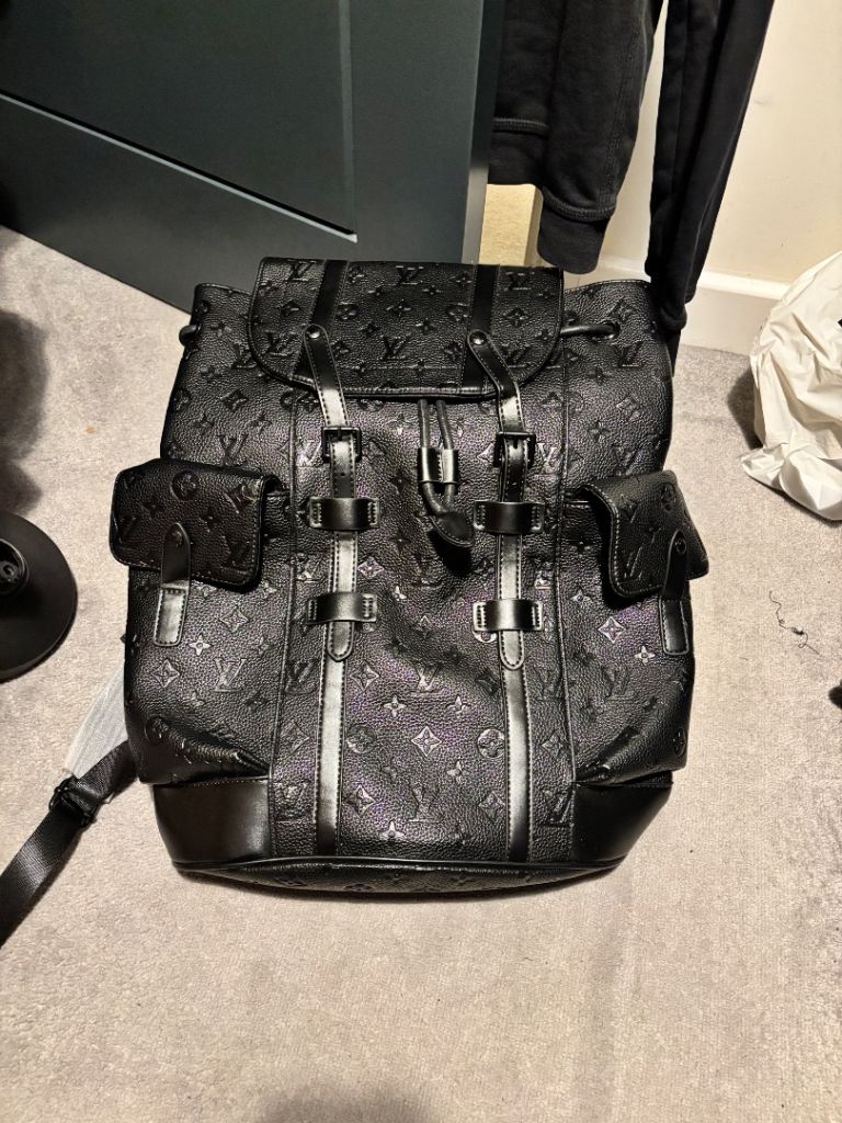 Black LV Monogram-Style Leather Look Backpack – Designer Inspired