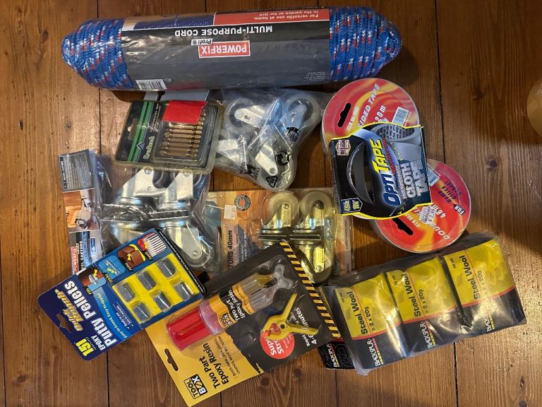 Various New Supplies Bundle - Cord, Casters, Tape, Putty