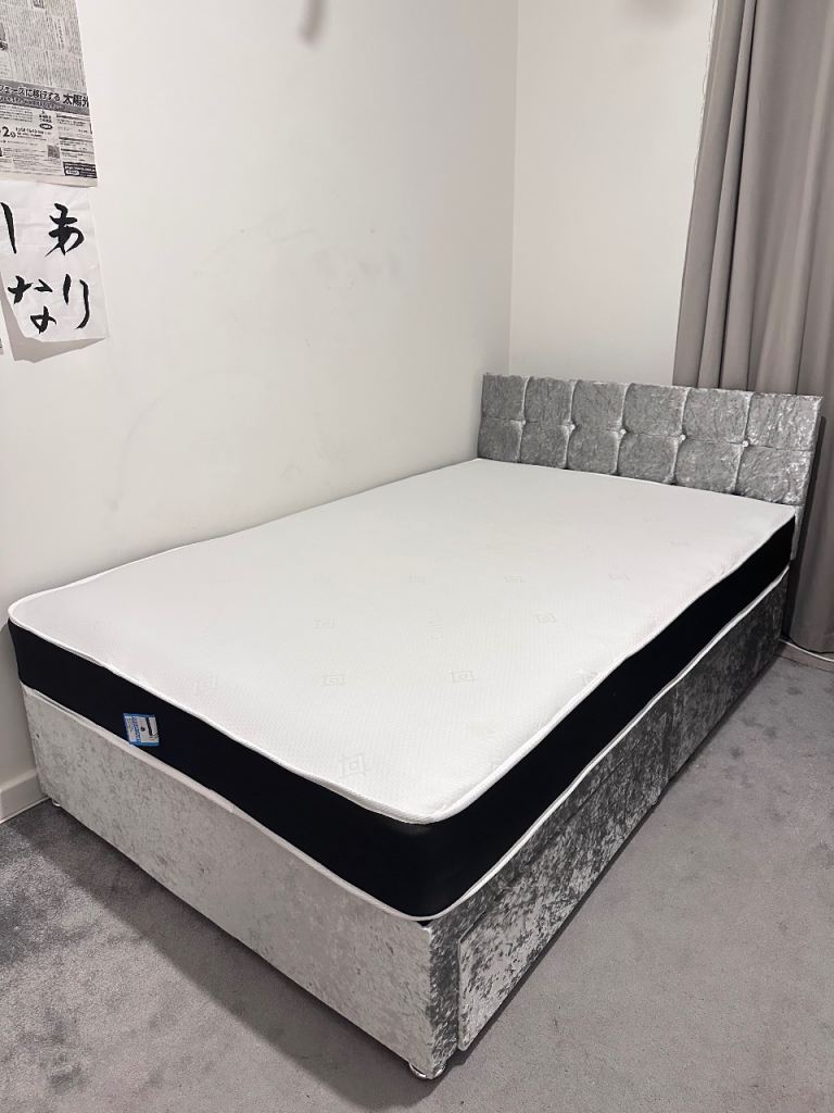 Small Double Bed with Mattress – Silver Velvet, As Good As New