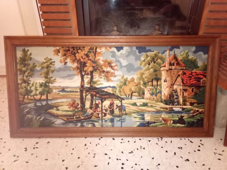 French countryside theme scape needlepoint. 