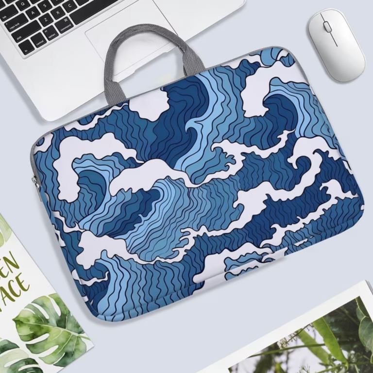 New Laptop Sleeve Bag – Blue Wave Pattern, Carry Handle