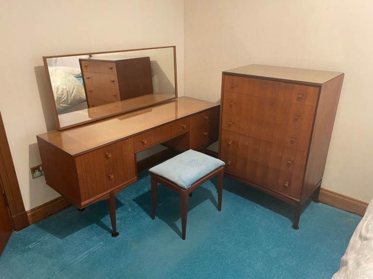 Vintage Mid-Century Dressing Table with Mirror and Matching Tallboy