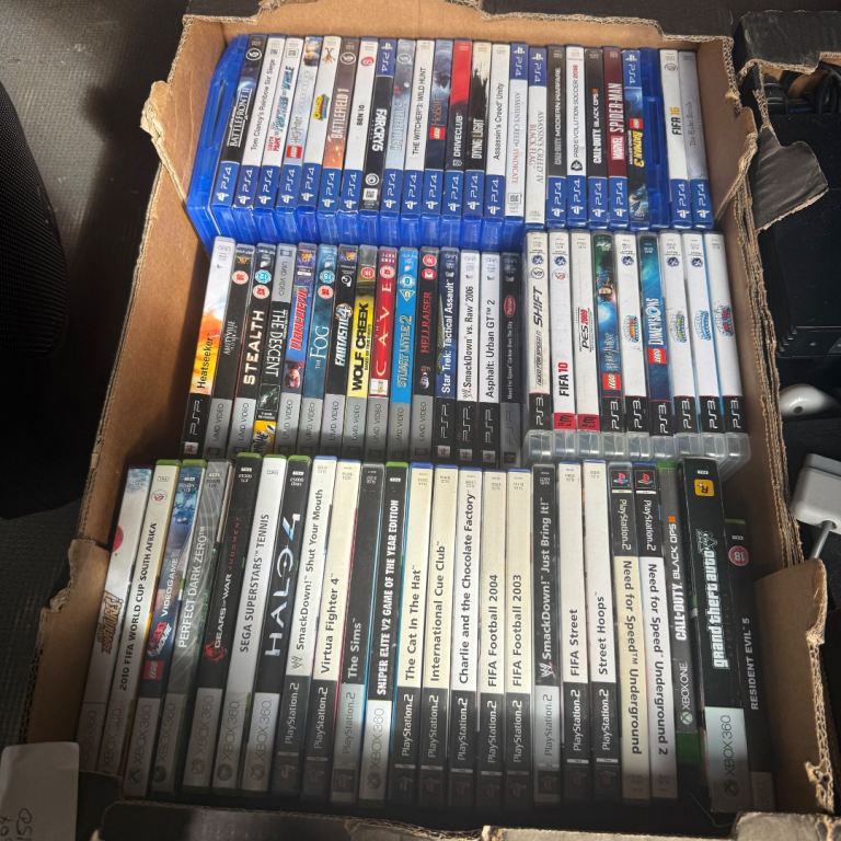 Large Box of Mixed PS4, PS3, PS2, and Xbox 360 Games – Good Condition