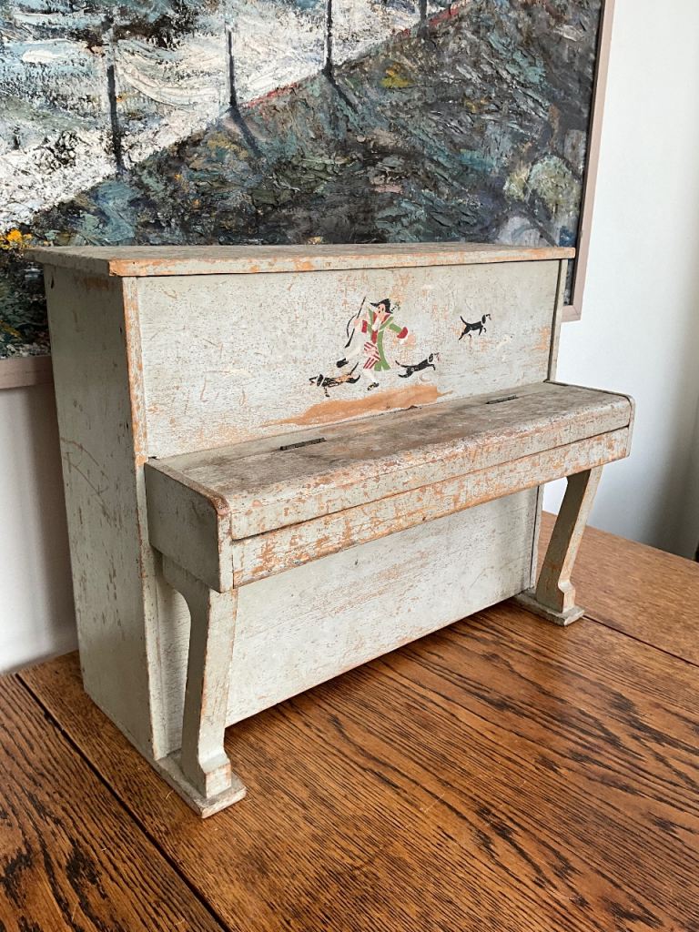 Vintage French Wooden Toy Piano with Hand-Painted Design