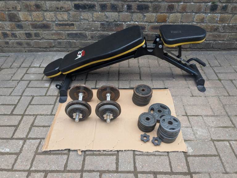 Adjustable Weight Bench and Weights, Used Condition