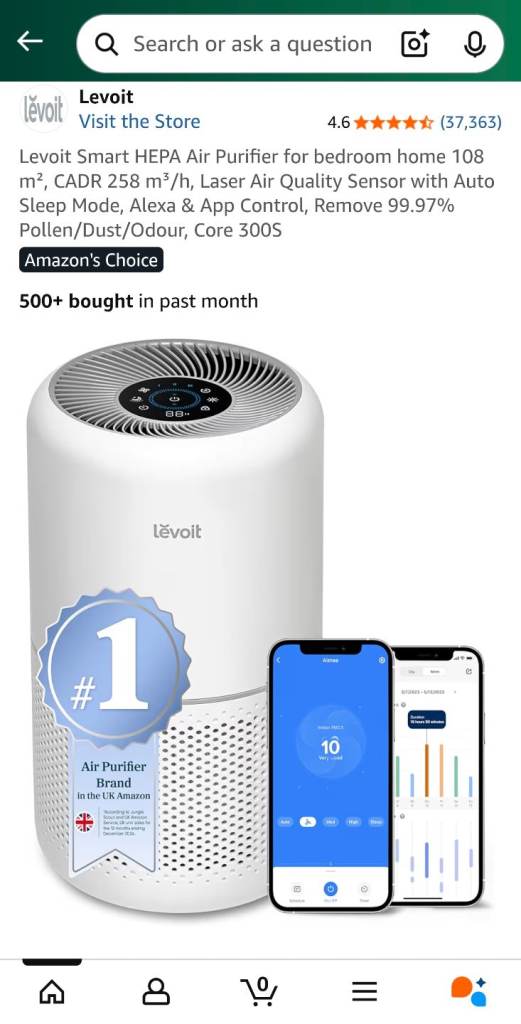image for Levoit Smart HEPA Air Purifier for bedroom home 108 m², CADR 258 m³/h, Laser Air Quality, Core 300S