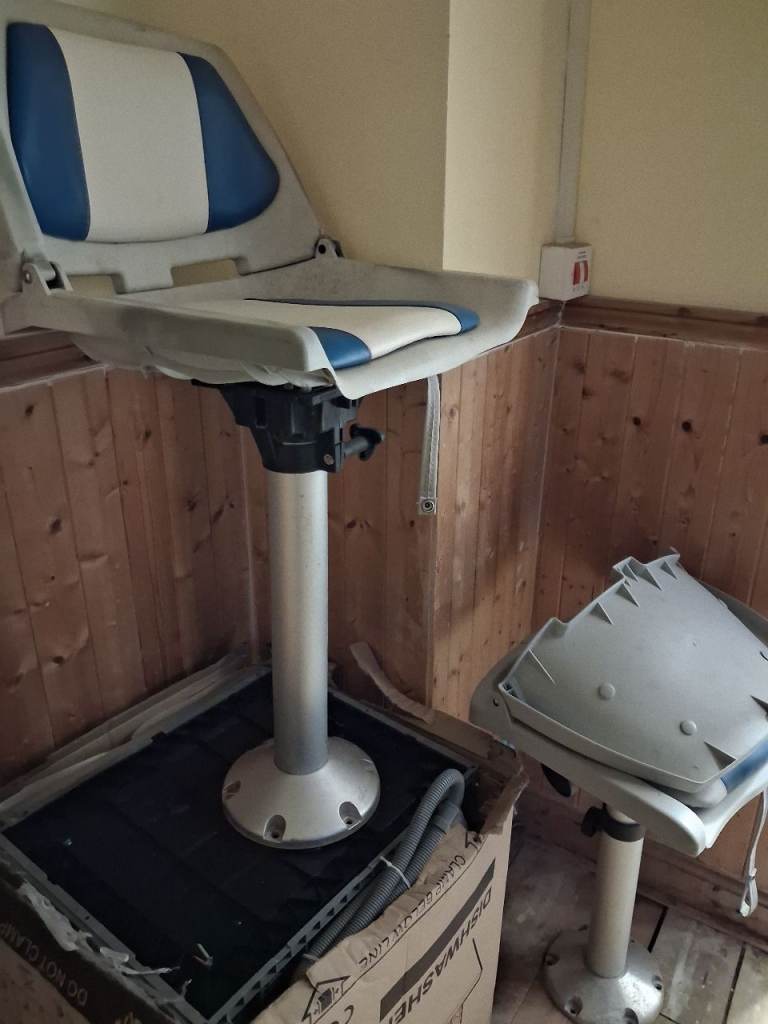 Pair of Boat Seats with Pedestal Bases – Grey & Blue, Good Condition