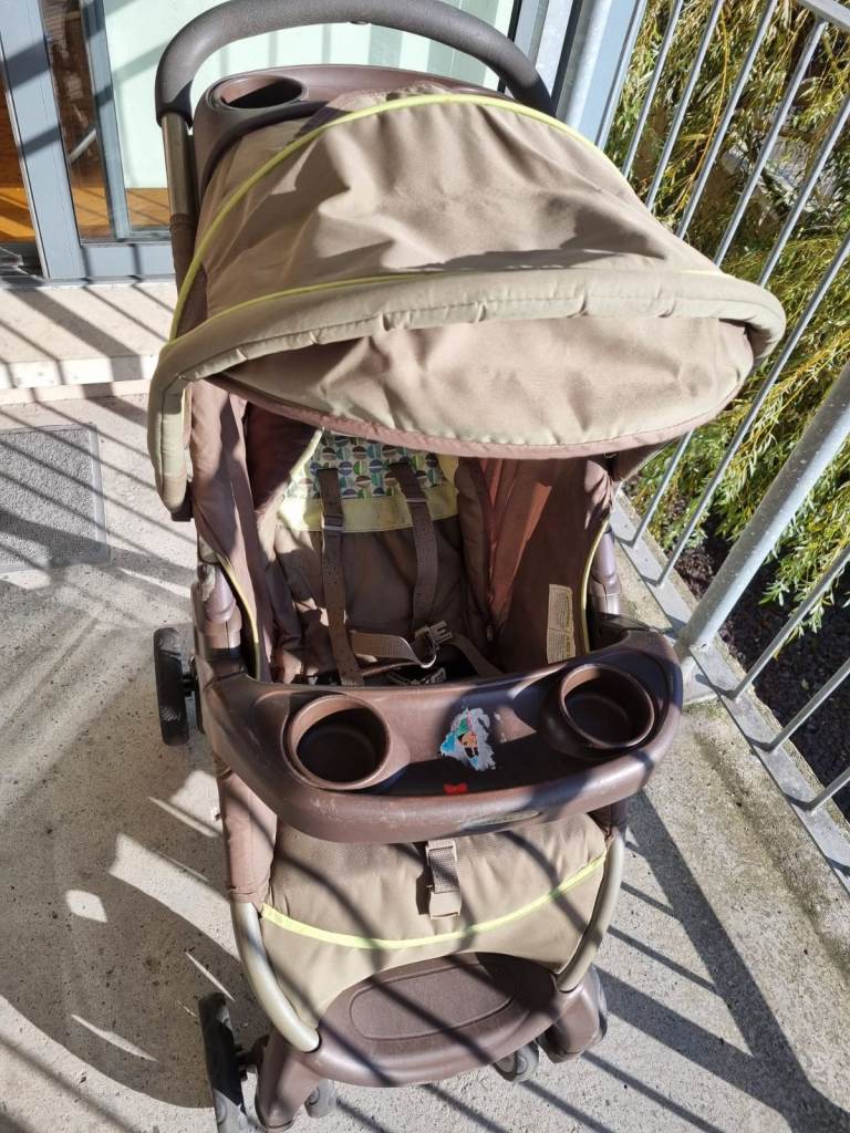 Brown Fabric Baby Pushchair with Rain Cover – Good Condition