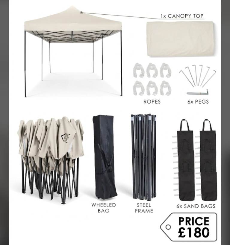 New 3x6 m  Cream Gazebo with Steel Frame, Wheeled Bag, Pegs, Ropes, Sand Bags