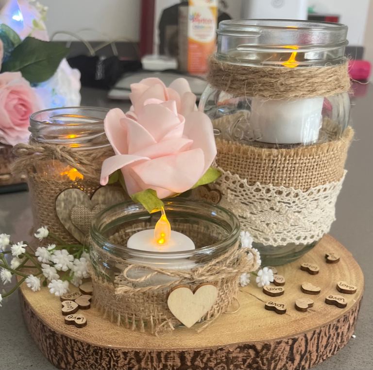 Rustic Glass Jar Decorative Set with LED Candles