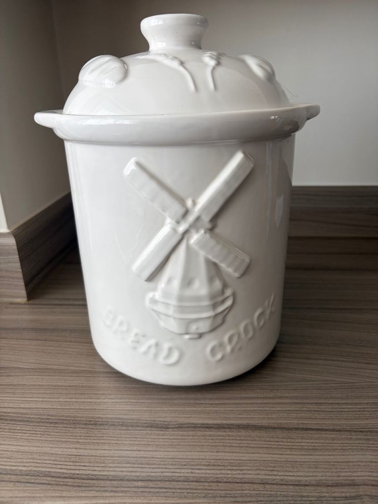 White Ceramic Bread Crock with Lid