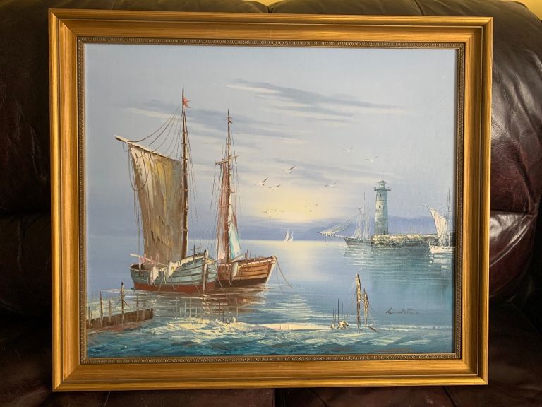 Harbour and ship painting signed and framed