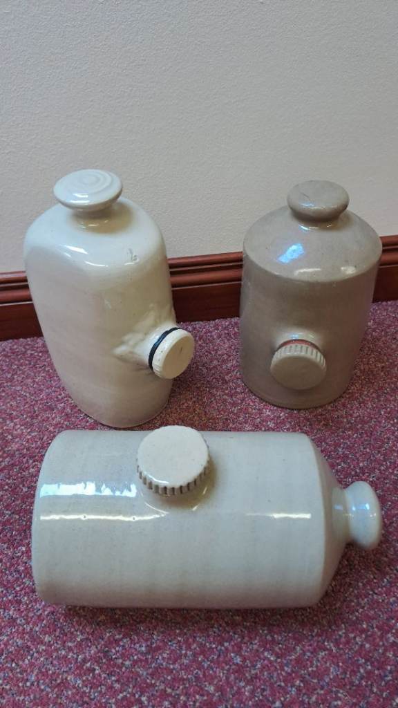 Three Vintage Stone Hot Water Bottles with Ceramic Stoppers