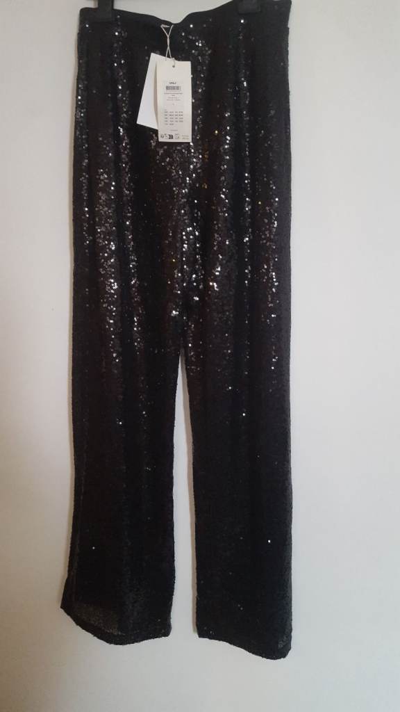 Ladies Sequin Trousers Black Designer Women's Pants Brand New Size L