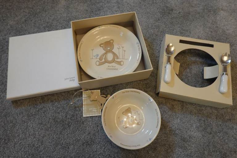 Baby CHRISTENING gift – PLATE, BOWL & CUTLERY. New in box. John Lewis approx £60 new. **£20**