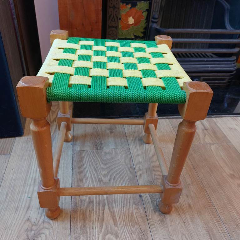 Vintage Wooden Stool With Woven Seat 