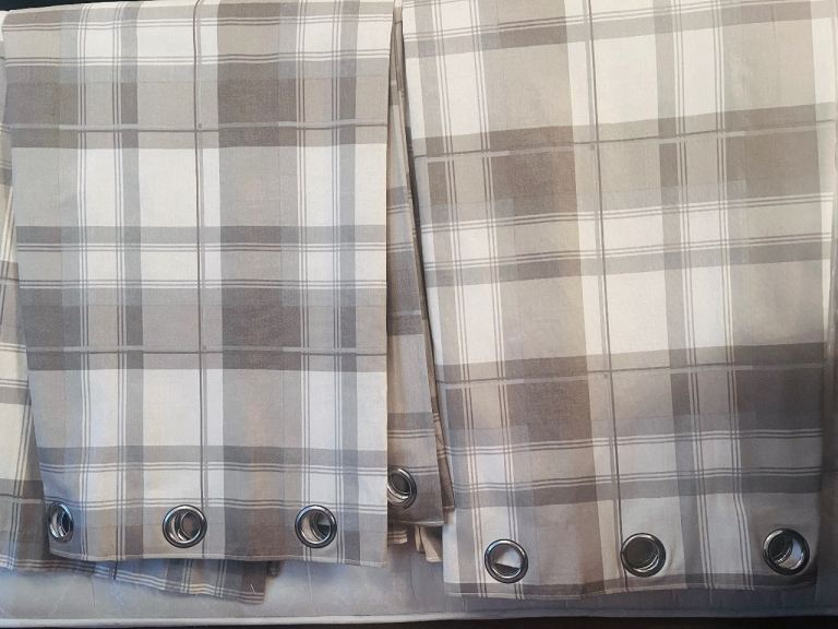 Good Condition Grey Plaid Eyelet Curtains - Fabric
